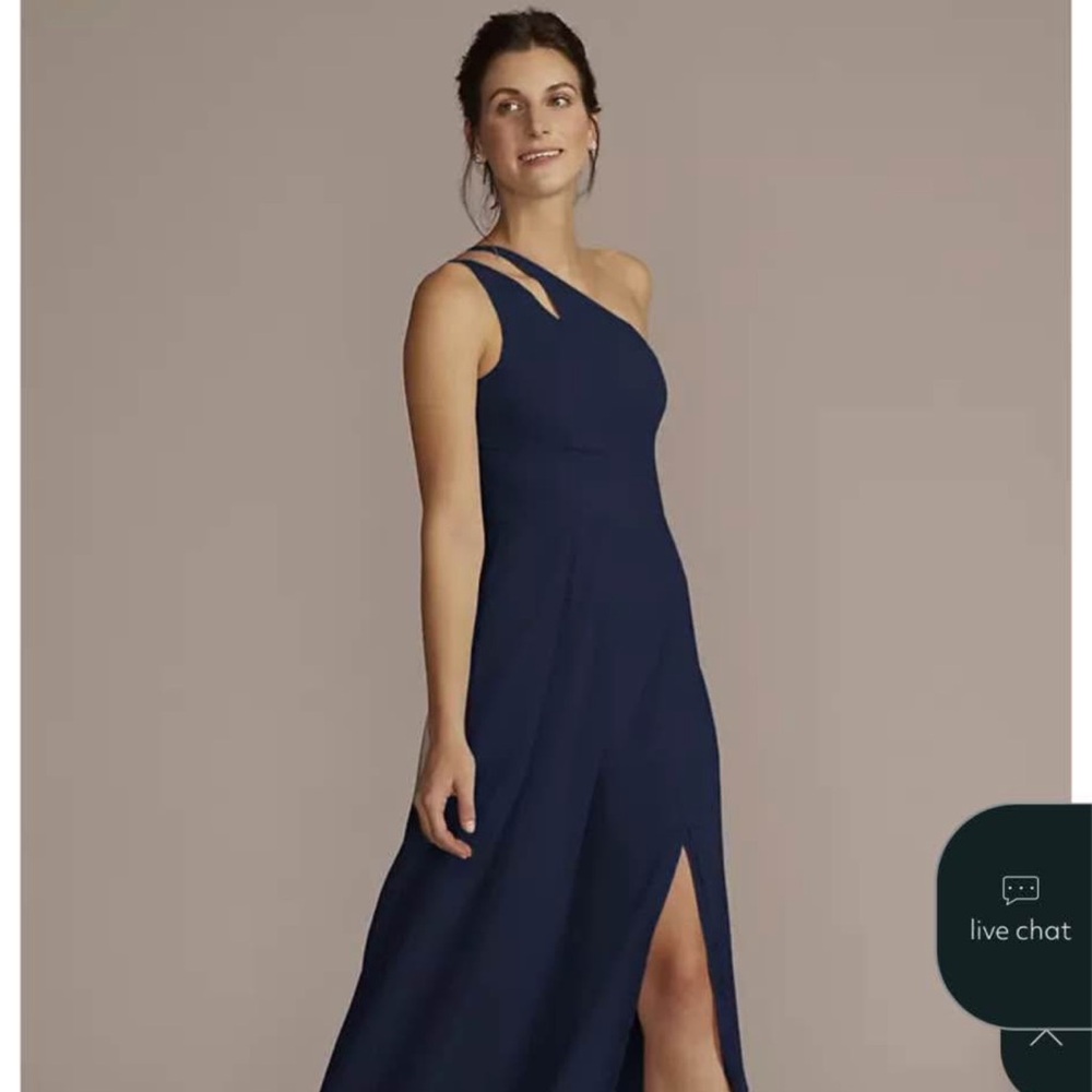 David's Bridal Midnight Blue One-Shoulder Gown